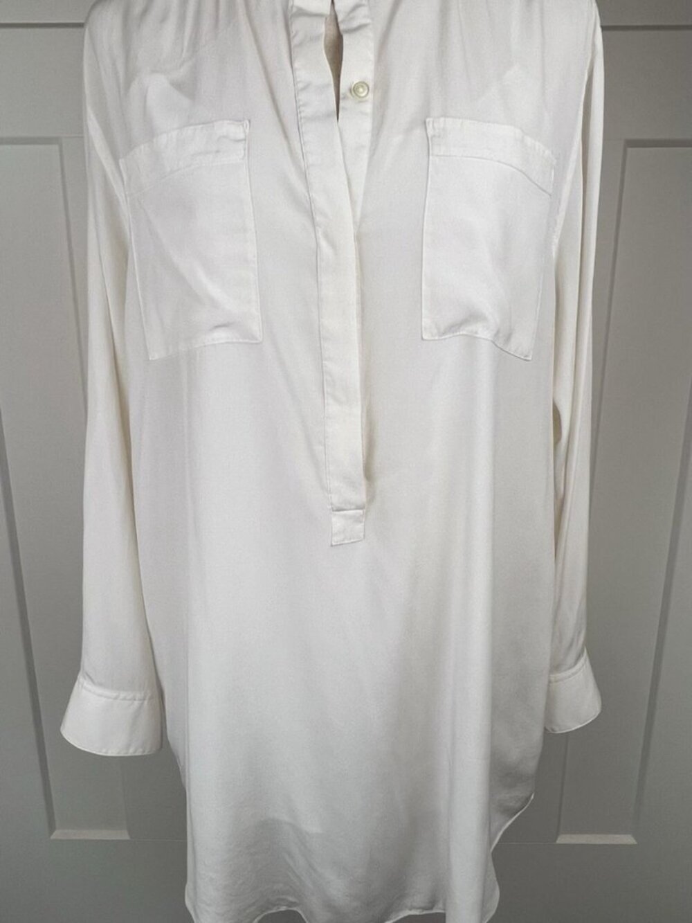 DKNY Silk Tunic Blouse M Ivory Sheer Button Front Shirt w Cami Roll Tab Sleeve